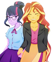 Size: 1077x1280 | Tagged: safe, artist:finm, sci-twi, sunset shimmer, twilight sparkle, equestria girls, blushing, eyes closed, female, holding hands, lesbian, scitwishimmer, shipping, simple background, sunsetsparkle