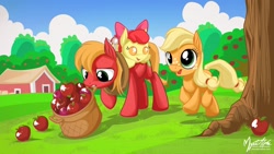 Size: 2560x1440 | Tagged: safe, artist:mysticalpha, apple bloom, applejack, big macintosh, earth pony, pony, apple siblings, baby, baby apple bloom, baby pony, colt, filly, foal, wallpaper