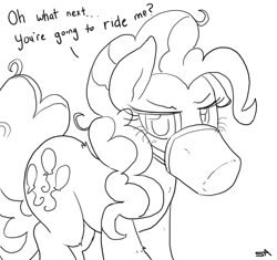 Size: 3400x3200 | Tagged: safe, artist:surgicalarts, pinkie pie, earth pony, pony, annoyed, dialogue, explicit source, feed bag, floppy ears, fluffy, glare, horses doing horse things, lineart, looking at you, monochrome, simple background, solo, unamused, white background