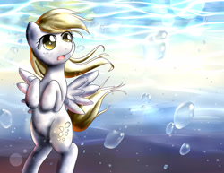 Size: 3207x2480 | Tagged: safe, artist:dyoung, derpy hooves, pegasus, pony, bubble, female, mare, pixiv, river, solo, sunshine, underwater, water
