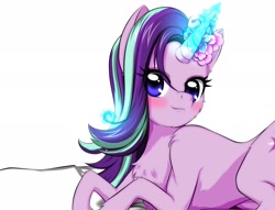 Size: 2611x1993 | Tagged: safe, artist:conrad-hauser, starlight glimmer, pony, close-up, explicit source, female, flower, flower in hair, glowing horn, mare, preview, smiling, solo, teaser
