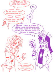 Size: 500x650 | Tagged: safe, artist:michael poe, derpibooru import, pinkie pie, twilight sparkle, alcohol, comic, dialogue, drink, horned humanization, humanized, lineart, speech bubble, unamused, vulgar