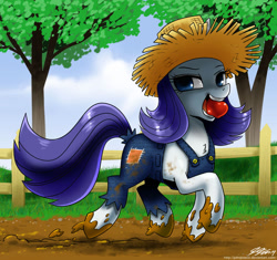 Size: 1000x938 | Tagged: safe, artist:johnjoseco, rarity, pony, unicorn, simple ways, alternate hairstyle, apple, chest fluff, clothes, dirty, hat, looking at you, messy, mouth hold, mud, overalls, rarihick, smiling, solo, straw hat, trotting