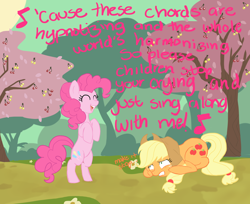 Size: 1280x1045 | Tagged: artist needed, safe, applejack, pinkie pie, earth pony, pony, friendship is witchcraft, gypsy bard, lyrics, singing, song