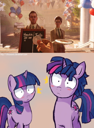 Size: 500x681 | Tagged: safe, artist:nolycs, derpibooru import, dusk shine, twilight sparkle, bioshock, bioshock infinite, lutece twins, robert lutece, rosalind lutece, rule 63