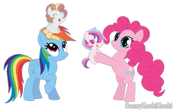 Size: 839x532 | Tagged: safe, artist:s1nb0y, derpibooru import, pinkie pie, rainbow dash, oc, oc:pasteletta, oc:smoky quartz, earth pony, pegasus, pony, baby, baby pony, female, filly, holding a pony, lesbian, magical lesbian spawn, offspring, parent:pinkie pie, parent:rainbow dash, parents:pinkiedash, pinkiedash, shipping, simple background, transparent background