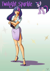 Size: 800x1132 | Tagged: safe, artist:accessworld, derpibooru import, edit, twilight sparkle, breasts, cleavage, high heels, horned humanization, humanized