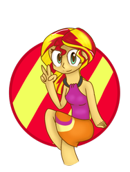 Size: 768x1024 | Tagged: safe, artist:ponliestar, sunset shimmer, equestria girls, clothes, cute, looking at you, peace sign, simple background, sitting, skirt, solo, transparent background