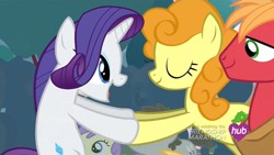 Size: 1440x810 | Tagged: safe, screencap, big macintosh, carrot top, golden harvest, rarity, earth pony, pony, unicorn, simple ways, excited, happy, male, stallion
