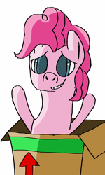 Size: 614x1024 | Tagged: safe, artist:symphonydawn3, pinkie pie, earth pony, pony, bipedal, box, cardboard box, female, grin, hooves up, lidded eyes, mare, nervous, pony in a box, simple background, smiling, solo, waving, white background