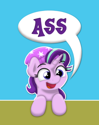 Size: 1186x1500 | Tagged: safe, artist:ljdamz1119, starlight glimmer, pony, unicorn, beanie, butts, dialogue, equestria girls outfit, female, hat, mare, simple background, smiling, solo, speech bubble, vulgar