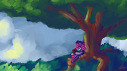 Size: 1600x900 | Tagged: safe, artist:fauxsquared, pinkie pie, earth pony, pony, book, reading, solo, tree, wallpaper