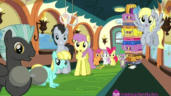 Size: 576x324 | Tagged: safe, screencap, apple bloom, derpy hooves, helia, lucky clover, parasol, scootaloo, spike, sweetie belle, thunderlane, dragon, pegasus, pony, equestria games (episode), animated, background pony, barbell, cutie mark crusaders, female, hub logo, hubble, luggage, mare, the hub