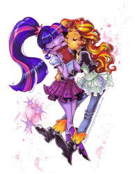 Size: 697x900 | Tagged: safe, artist:briannacherrygarcia, sci-twi, sunset shimmer, twilight sparkle, equestria girls, book, clothes, disney, disney style, female, kissing, lesbian, scitwishimmer, shipping, style emulation, sunsetsparkle