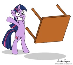 Size: 949x842 | Tagged: safe, artist:sketchinetch, derpibooru import, twilight sparkle, unicorn twilight, pony, unicorn, angry, bipedal, female, gritted teeth, mare, reaction image, signature, simple background, solo, table, table flip, white background