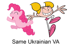 Size: 800x506 | Tagged: safe, pinkie pie, earth pony, pony, dee dee, dexter's laboratory, exploitable meme, meme, same voice actor, ukrainian