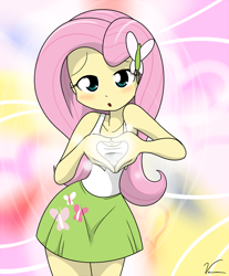 Size: 826x1000 | Tagged: safe, artist:sandwich-anomaly, fluttershy, equestria girls, :o, blushing, breasts, cleavage, clothes, cute, glow, heart, heart hands, looking at you, miniskirt, moe, moe moe kyun, skirt, solo