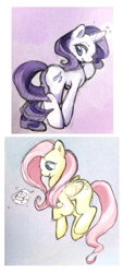 Size: 483x1065 | Tagged: safe, artist:thebatter, fluttershy, rarity, pegasus, pony, unicorn, female, mare, pink mane, purple mane, white coat, yellow coat