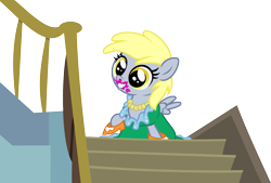 Size: 1843x1243 | Tagged: safe, artist:punzil504, derpy hooves, 5-year-old, age regression, clothes, cute, derpabetes, dress, filly, lipstick, solo, stairs, underp, younger