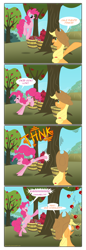 Size: 1024x2964 | Tagged: safe, artist:grievousfan, applejack, pinkie pie, earth pony, pony, apple, applebucking, candy apple (food), comic, duo, duo female, female, food, mare, orchard, rearing, spanish, translation, tree