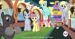 Size: 1440x763 | Tagged: safe, screencap, apple bloom, derpy hooves, scootaloo, spike, sweetie belle, thunderlane, dragon, pegasus, pony, equestria games (episode), cutie mark crusaders, female, hub logo, mare, meme, youtube caption