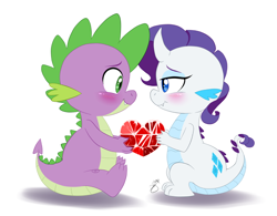 Size: 700x545 | Tagged: safe, artist:pia-sama, rarity, spike, dragon, bedroom eyes, blushing, cute, cutie mark, diamond, dragonified, eye contact, fangs, female, fire ruby, gem, horn, male, raribetes, raridragon, shipping, signature, simple background, sitting, smiling, sparity, species swap, spikabetes, straight, white background