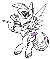 Size: 900x1064 | Tagged: safe, artist:tsitra360, derpibooru import, rainbow dash, pegasus, pony, clothes, female, gun, helmet, looking back, mare, monochrome, paintball, paintball gun, requested art, simple background, sketch, solo, weapon, white background