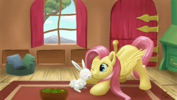 Size: 1500x844 | Tagged: safe, artist:zevironmoniroth, angel bunny, fluttershy, pegasus, pony, cute, house, salad