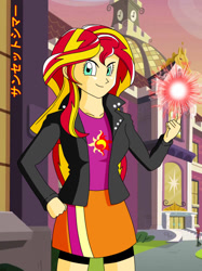 Size: 802x1070 | Tagged: safe, artist:gonzalossj3, sunset shimmer, equestria girls, akira toriyama, anime, canterlot high, clothes, compression shorts, courtyard, crossover, cute, dragon ball, dragon ball z, jacket, leather jacket, shorts, skirt, solo, style emulation