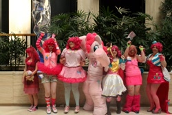 Size: 960x640 | Tagged: artist needed, safe, artist:kenzerrock, madame leflour, pinkie pie, human, fanfic:cupcakes, anime weekend atlanta, clothes, cosplay, dress, evening gloves, fingerless gloves, fursuit, gala dress, glasses, gloves, group photo, irl, irl human, leg warmers, photo, pinkamena diane pie, tutu