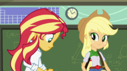 Size: 640x360 | Tagged: safe, screencap, applejack, sunset shimmer, equestria girls, friendship games, the science of magic, animated, gif, out of context