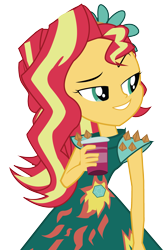 Size: 1721x2584 | Tagged: safe, artist:jongoji245, sunset shimmer, equestria girls, legend of everfree, alternate hairstyle, beverage, clothes, crystal gala, cup, dress, raised eyebrow, simple background, smugset shimmer, solo, transparent background, vector