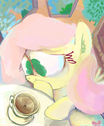 Size: 700x850 | Tagged: safe, artist:doctorpepperphd, fluttershy, fly, pegasus, pony, cup, drink, solo, tea