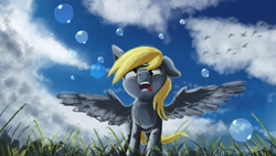 Size: 5760x3240 | Tagged: safe, artist:hierozaki, derpy hooves, pegasus, pony, bubble, cloud, cloudy, cute, female, field, hnnng, mare, solo, wingboner