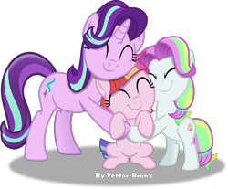 Size: 4208x3487 | Tagged: safe, artist:vector-brony, coconut cream, starlight glimmer, toola roola, earth pony, pony, unicorn, fame and misfortune, absurd resolution, cute, eyes closed, female, filly, glimmerbetes, hug, mare, simple background, smiling, transparent background, vector