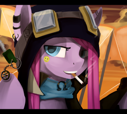 Size: 2572x2300 | Tagged: safe, artist:facerenon, pinkie pie, earth pony, pony, badass, bust, cigarette, clothes, goggles, pinkamena diane pie, portrait, smoking, solo, steampunk