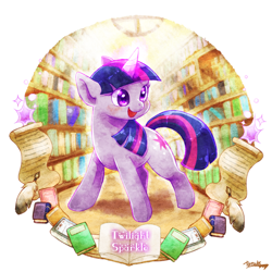 Size: 1000x1000 | Tagged: safe, artist:tatugon, derpibooru import, twilight sparkle, library, quill, scroll, smiling, solo