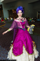 Size: 1365x2048 | Tagged: artist needed, safe, derpy hooves, rarity, human, 2014, clothes, convention, cosplay, dress, gala dress, irl, irl human, megacon, necklace, photo, plushie, solo