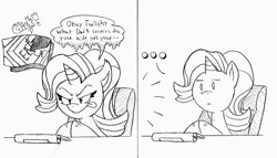 Size: 4323x2479 | Tagged: artist needed, safe, starlight glimmer, pony, unicorn, comic:glim glam on 4chan, ..., /mlp/, 4chan, computer, dialogue, hooves together, monochrome, scheming, solo