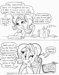 Size: 3351x4206 | Tagged: artist needed, safe, spike, starlight glimmer, dragon, pony, unicorn, comic:glim glam on 4chan, /mlp/, 4chan, dialogue, duo, monochrome, one eye closed, wink