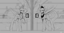 Size: 1280x664 | Tagged: safe, artist:novabytes, sunset shimmer, twilight sparkle, twilight sparkle (alicorn), alicorn, pony, alicornified, black and white, future, future twilight, grayscale, levitation, magic, monochrome, race swap, shimmercorn, sketch, telekinesis, twilight's journal, wip