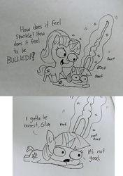 Size: 1676x2383 | Tagged: safe, artist:tjpones, starlight glimmer, twilight sparkle, twilight sparkle (alicorn), alicorn, pony, unicorn, black and white, bully, bullying, comic, dialogue, duo, equal cutie mark, female, glowing horn, grayscale, lineart, magic, monochrome, onomatopoeia, poking, pure unfiltered evil, s5 starlight, sparkles, staff, staff of sameness, telekinesis, traditional art
