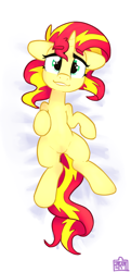 Size: 506x1049 | Tagged: safe, artist:tallaferroxiv, sunset shimmer, pony, equestria girls, belly wubs, body pillow, body pillow design, cute, imminent belly rub, looking at you, on back, shimmerbetes, solo