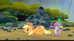 Size: 1023x570 | Tagged: safe, screencap, applejack, spike, dragon, earth pony, pony, animation error, female, mare