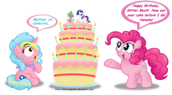 Size: 1024x567 | Tagged: safe, artist:aleximusprime, pinkie pie, rarity, spike, oc, dragon, earth pony, pony, unicorn, birthday, cake, female, male, shipping, simple background, sparity, straight, this will end in diabetes, this will end in weight gain, transparent background