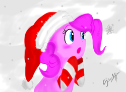 Size: 697x509 | Tagged: safe, artist:silver1kunai, pinkie pie, earth pony, pony, clothes, hat, santa hat, snow, snowfall, socks, solo, striped socks