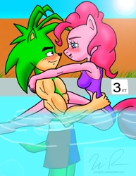 Size: 786x1016 | Tagged: safe, artist:sonigoku, pinkie pie, anthro, blushing, clothes, crossover, crossover shipping, female, interspecies, male, manic the hedgehog, manicpie, navel cutout, one-piece swimsuit, shipping, sonic the hedgehog (series), sonic underground, straight, swimming pool, swimsuit