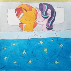 Size: 2272x2268 | Tagged: safe, artist:magicnova, derpibooru exclusive, starlight glimmer, sunburst, pony, unicorn, bed, cute, eyes closed, female, glimmerbetes, literally sleeping together, male, mare, pillow, shipping, signature, sleeping, stallion, starburst, straight, sunbetes, traditional art