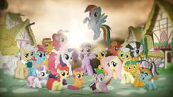 Size: 1920x1080 | Tagged: safe, artist:izeer, derpibooru import, apple bloom, applejack, big macintosh, carrot cake, cup cake, fluttershy, granny smith, mayor mare, pinkie pie, rainbow dash, rarity, scootaloo, snails, snips, spike, sweetie belle, twilight sparkle, twilight sparkle (alicorn), zecora, alicorn, dragon, earth pony, pegasus, pony, unicorn, zebra, book, cutie mark crusaders, female, lens flare, mane seven, mane six, mare, ponyville