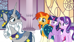 Size: 1920x1080 | Tagged: safe, screencap, star swirl the bearded, starlight glimmer, sunburst, twilight sparkle, twilight sparkle (alicorn), alicorn, pony, unicorn, shadow play, beardedbetes, canterlot castle, grin, smiling, surprised